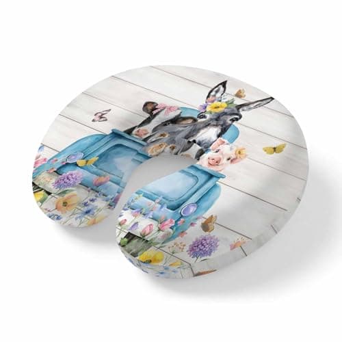 Travel Pillows U-Shaped Neck Pillow Farm Pigs Donkeys Cows Ergonomic Memory Foam Pillow Head Cushion,Flowers Butterflies on Wood Board Soft Portable Neck Pillows for Office Airplane Car Train