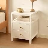 Calwsy Two Drawer Nightstand with Open Shelf,Solid Wood Bedside Table Modern Minimalist Storage Cabinet Bedroom Furniture No Assembly Required Sturdy Storage