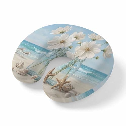 ZRNLTDGHK Neck Pillow Summer Beach Cosmos Flowers Travel Pillow Memory Foam U Shaped Pillows, Starfish Floral in Bottle Travel Neck Pillows for Airplane Car Office Home Sleeping Rest