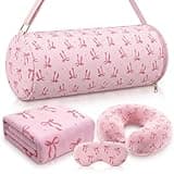 Moukeren 4 Pcs Pink Bow Travel Pillow and Blanket Set Memory Foam Neck Pillow Flannel Blanket Eye Mask Pink Bow Storage Bag for Airplane Essentials Car Train Travel for Girls Women Sleeping