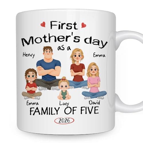 Wrappiness First Mothers Day Mug Gift for Mom - Personalized Coffee Mug Custom Family of Five with 3D Effect - First Mothers Day Gifts For New Mom, Anniversary Birthday Gift For Women Wife