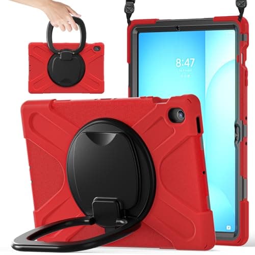 Case for Samsung Galaxy Tab S10 FE+ Plus 13.1 Inch 2025 Model (X620/X626B),Rugged Silicone Cover with Handle Grip, 360 Kickstand, Strap & S Pen Holder (Red)