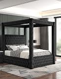 Klaczituj 1pc Four-Poster King Bed Tufted Headboard and Footboard Black Rich Velvet Fabric Bedroom Furniture Modern