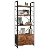Shintenchi 5 Tier Bookshelf with Drawers, Display Standing Shelf Units, Wood and Metal Bookshelves Storage Organizer, Bookcase for Home Office Bedroom, Kitchen, Living Room, Rustic Brown