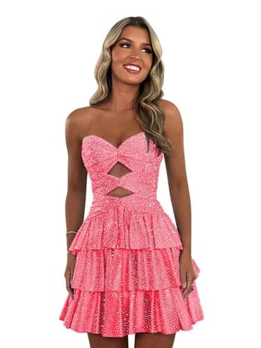 LadyWill Women's Strapless Short Cocktail Dresses Glitter A Line Sequin Formal Mini Prom Dress Sweetheart Tiered Hot Pink Wedding Party Gowns Size8