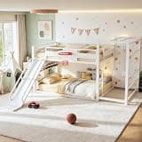 Bellemave Full Over Full Bunk Beds for Kids with Slide, Basketball Hoop & Climbing Wall, Heavy Duty Metal Full Size Bunk Bed with Guardrails, Low Bunk Bed for Bedrooms, No Box Spring Needed, White