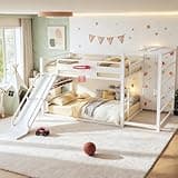 Bellemave Full Over Full Bunk Beds for Kids with Slide, Basketball Hoop & Climbing Wall, Heavy Duty Metal Full Size Bunk Bed with Guardrails, Low Bunk Bed for Bedrooms, No Box Spring Needed, White