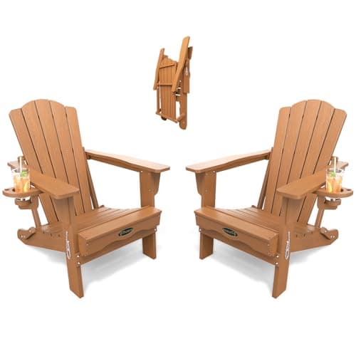 THOEOE Folding Adirondack Chair Set of 2, HDPE All-Weather Outdoor Chair with Cup Holder, Wooden Textured, Fire Pit Chair, Plastic Patio Chair for Deck, Backyard, Garden, Lawn