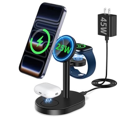 Hevanto 25W 3 in 1 Super Fast Charging Station for Apple MagSafe Charger, Wireless Magnetic Mag-Safe Charger Stand for iPhone 17 16 15 14 13 12 Apple Watch AirPods Series, 45W Adapter Included