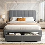 Marsail Full Size Upholstered Bed Frame with 2 Storage Drawers, Adjustable Headboard, Fits 6-12 Inch Mattress, 1300LBS Heavy Duty Support, 12-Leg Solid Wood Structure, Dark Gray