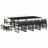 WRJENFSC 13-Piece Garden Dining Set, Outdoor Rattan Wicker Patio Furniture Set with Large Rectangular Tempered Glass Table, 8 Chairs and 4 Stools for 12 People, Black and Cream White