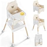 Zenvory Baby High Chair 3 in 1 High Chairs for Babies and Toddlers Bear Toddler Chair Adjustable Height Highchair with Bib and Storage Bag for Baby Convenient Comfortable Feeding(Beige)