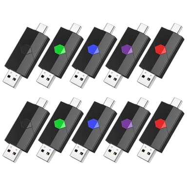 Aiibe 16GB USB C Flash Drive 10 Pack Type C + USB-A Dual Thumb Drive USB 2.0 Memory Stick 16GB Flash Drives (Black Green Red Blue Purple)