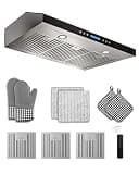 FlyPine 36 inch Stainless Steel Under Cabinet Range Hood - 900 CFM, Ultra-Quiet 4-Speed Vent, Touch/Remote Control LCD, LED Lights, External Venting