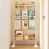 Dexinhdh Behind The Door Bookcase, 4-Tier Book Rack Organizer with Support Leg & Open Display Shelves, Raise The Fence, Metal Narrow Tall Storage Shelf for Kitchen Entrance Bathroom