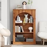 3-Tier Arched Bookshelf, Freestanding Bookcase with Beaded Trim, Light Walnut Wood Display Shelf for Living Room Office Bedroom Hallway