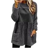 Color Block Fuzzy Fleece Sweatshirt Women Long Sleeve Tunic Tops