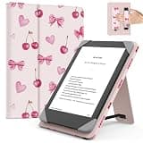 MoKo Universal Case for 6 inch eReaders & Tablets, eReader Accessories Compatible with Kobo/Tolino/Pocketook, Lightweight PU Leather Cover Case with Hand Strap & Kickstand, Cherry Bow