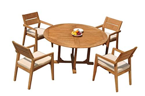 TeakStation 4 Seater Grade-A Teak Wood 5 Pc Dining Set: 60" Round Table and 4 Vellore Stacking Arm Chairs #31VL1205