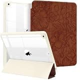 MrARTIST for iPad 9th/8th/7th Generation Case - Flower Leather Case Cute for Women Girls Girly Kawaii Aesthetic Preppy Kawaii Chic Cool Design for Apple Tablet Cover with Pencil Holder, Brown