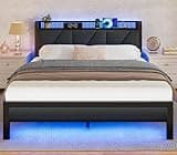 Furnulem Queen Bed Frame with Headboard and Storage Shelf, LED Light and Charging Station, Metal Platform Bed with Heavy Duty Slats, No Box Spring Needed, Noise Free & Easy Assembly