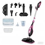 OLIXIS 10-in-1 Steam Mop, 1550W Detachable Handheld Steam Cleaner for Floor Cleaning, 16.4FT Cord, 2 Washable Pads, Multi-Purpose Floor Steamer for Hardwood, Carpet, Tile, Grout, Windows, Black Pink