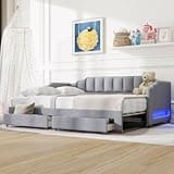 QVUUOU Linen Upholstered Daybed with LED Light and Two Storage Drawers, Twin XL to King Expandable - Solid Pine Construction