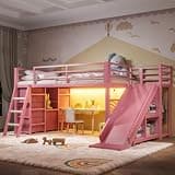 KMOOTA Twin Size Low Loft Bed with Storage Drawers and Slide, Ladder (Pink)