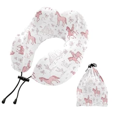 Western Horses Cowboys Pink Print Travel Neck Pillow for Sleeping Airplane Memory Foam Neck Support Pillow with Storage Bag Sleeper Hold Pillow for Adults Kids Long Flight Car Train Bus Home Office