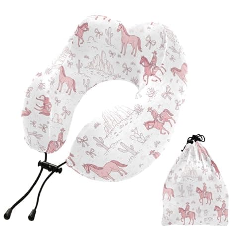 Western Horses Cowboys Pink Print Travel Neck Pillow for Sleeping Airplane Memory Foam Neck Support Pillow with Storage Bag Sleeper Hold Pillow for Adults Kids Long Flight Car Train Bus Home Office