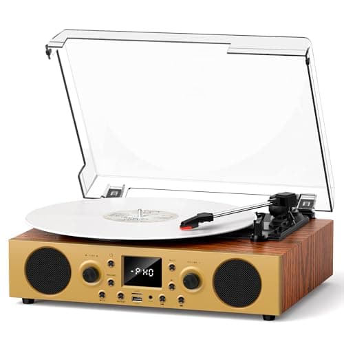 MANGOSTAN Vintage Walnut Vinyl Record Player with Bluetooth, 3-Speed Belt-Driven Turntable with Built-in Stereo Speakers, USB Recording, FM Radio & Display, Retro Wireless Phonograph for Home Decor