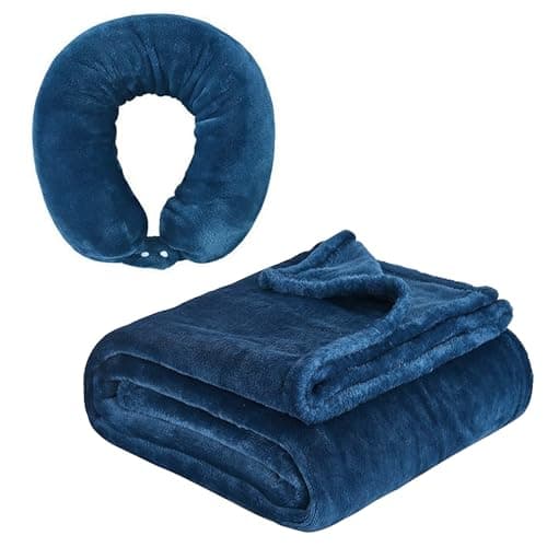 Beisto 2 in 1 Neck Pillow with Blanket, Soft Flannel Multi-Functional Travel Combo, Portable Warm Neck Pillow Set for Airplane, Car and Camping Travel,Navy Blue