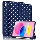 Lyfatz Case for iPad 11th (A16) 11-inch 2025/10th Gen 10.9-inch 2022, Cute Polka Dots Aesthetics with Pencil Holder Trifold Stand Smart Cover with Soft TPU Back, Supports Touch ID-White Dots Dark Blue