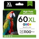 60XL Black/Tri-Color Ink Cartridges High Yield Replacement for HP(2-Pack)
