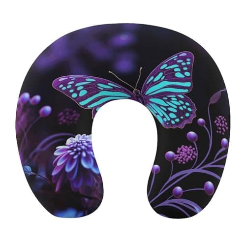 NHSGDUA Purple Butterfly and Flowers U-Shaped Neck Pillow, Memory Foam Travel Neck Pillows Compact and Ergonomic Design,Airplane Pillow for Traveling Car Home Office