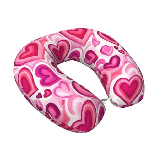 Nevjipu Memory Foam Travel Pillows for Airplanes - Pink Heart Print Soft U Shaped Plane Neck Pillow for Sleeping for Traveling, Train, Napping, Car and Home, Washable