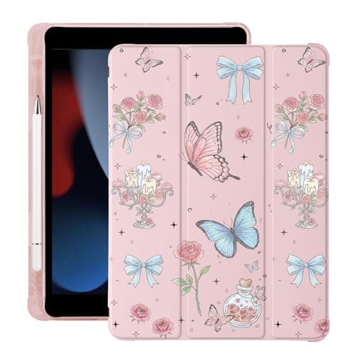 BlHMCASE Cute Flower Butterfly for iPad Pro 12.9 Inch Case 5th/6th Generation 2022/2021/2020 with Pencil Holder, Auto Sleep/Wake, Pink Leather Soft TPU Back Cover