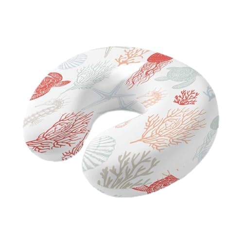 Sea Coral Turtle Jellyfish Seahorse Travel Pillow,U Shaped Ergonomic Neck Pillows Ocean Red Green Life on White Memory Foam Portable Neck&Head Support Cushion for Airplane Car Home Office Sleeping