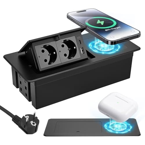 Retractable Socket with PD20W USB-C & 15W Wireless Charger for Supports Mobile Phones, Smartwatches and Headphones, 2-Way Built-in Socket for Desk and Kitchen, Improved