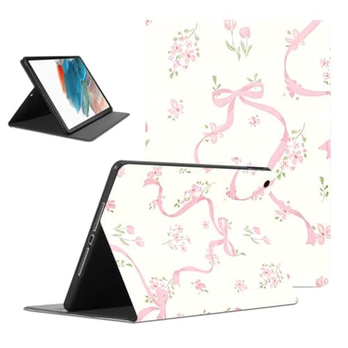 Pink Roses Pattern Tablet Case for Samsung Galaxy Tab A 2019 T510/T515 10.1'', Flowers Print Bow Knot Pattern Design Cover for Boy Girl, Protective Funda Flip PU Leather Cases Adjustable