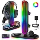 RGB Headset Stand with Wireless Charger, 8-in-1 Charging Station for iPhone, Samsung, Apple Watch Type-C/USB Ports, Gaming Headphone & Controllers Holder, Organizer for Desk Includes 20W PD Adapter