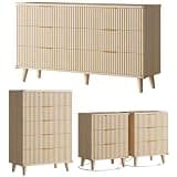 Lulive Modern Dressers and Nightstands Set 4-Piece, 6-Drawer Dresser + 2 Night Stands + 5 Drawers with Charging Station Modern Bedroom Sets Solid Wood Legs Natural