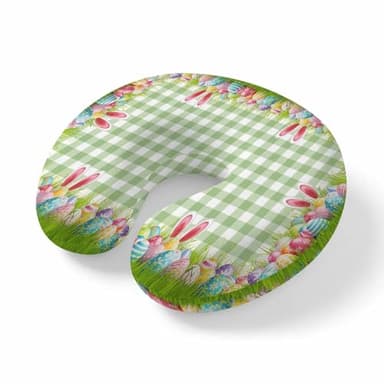 Yaiikkvbaa Easter Neck Pillow Memory Foam U Shaped Travel Pillow, Rabbit Ears Colorful Eggs Green White Buffalo Plaid Neck Support Pillows Decorative Headrest Cushion for Airplane Sleeping Car Office