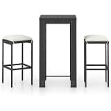 3 Piece Patio Bar Set with Cushions, Black Poly Rattan Outdoor Bar Table and 2 Stools with Steel Frame