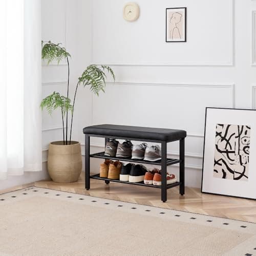 Hassyee Modern Style Entryway Shoe Bench with Comfortable Cushioned Seat, Space-Saving Design Storage Bench for Living Room, Bedroom, Hallway (Black)