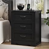 Xixini Nightstand with Charging Station, 24" Wide Farmhouse Bedside Table with 3 Deep Storage Drawers, Modern Wood Side Table with Mental Handle, Tall End Table for Bedroom, Black