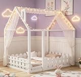 Bellemave Twin House Floor Bed with Rail for Kids, Wood Montessori Floor beds with roof for Kids, no slats White