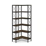 Tall Bookcase for Home Office or Living Room, Industrial Storage Shelf Unit, 65.7" H Corner Bookshelf, Large Open Shelf Bookcase, Black Metal Frame, L-Shaped Storage Rack Office, Easy Assembly