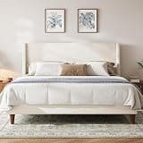 Merax Solid Wood Queen Size Boucle Bed Frame with Wingback Headboard, Modern Upholstered Platform with Walnut Wooden Legs, Strong Wooden Slats, No Box Spring Needed, Easy Assembly, Noise-Free, White