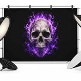 Black Halloween Backdrop 10x8ft Purple Fire Skull Artwork Photography Backdrop Fabric Photoshoot Background Polyester Tapestry Banner for Birthday Baby Shower Decoration Party Video Photo Studio Props